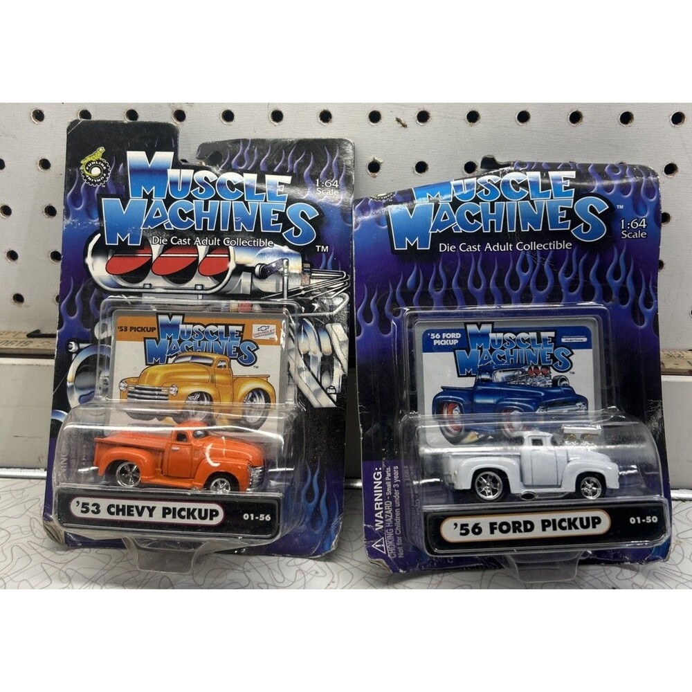 Funline Muscle Machines 1:64 '53 CHEVY ORANGE 56 FORD WHITE PICKUP Card Dmg New